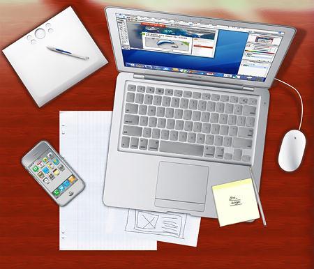 Psd исходник рабочего стола в офисе –Mac смартфоном, компьютер, компьютерная мышь, карандаш, бумага